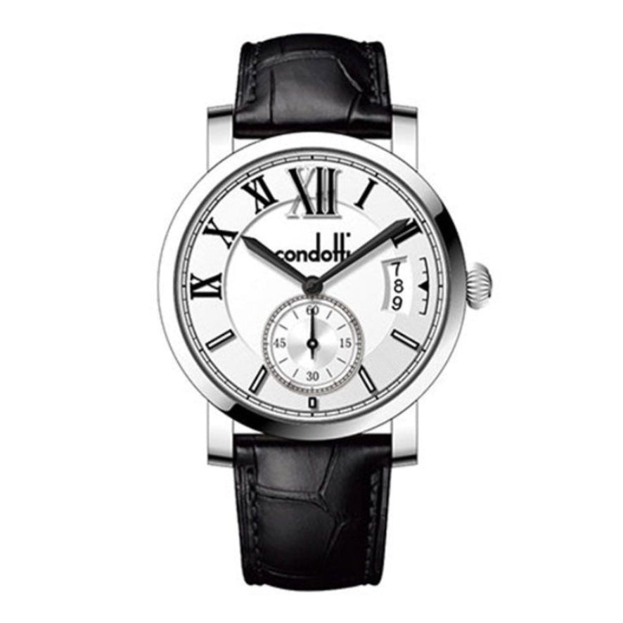 Watch with black leather strap and white face displaying brand name on a white background