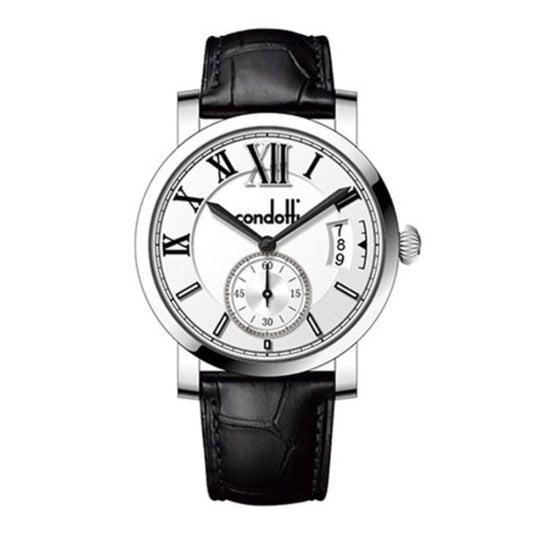 Watch with black leather strap and white face displaying brand name on a white background